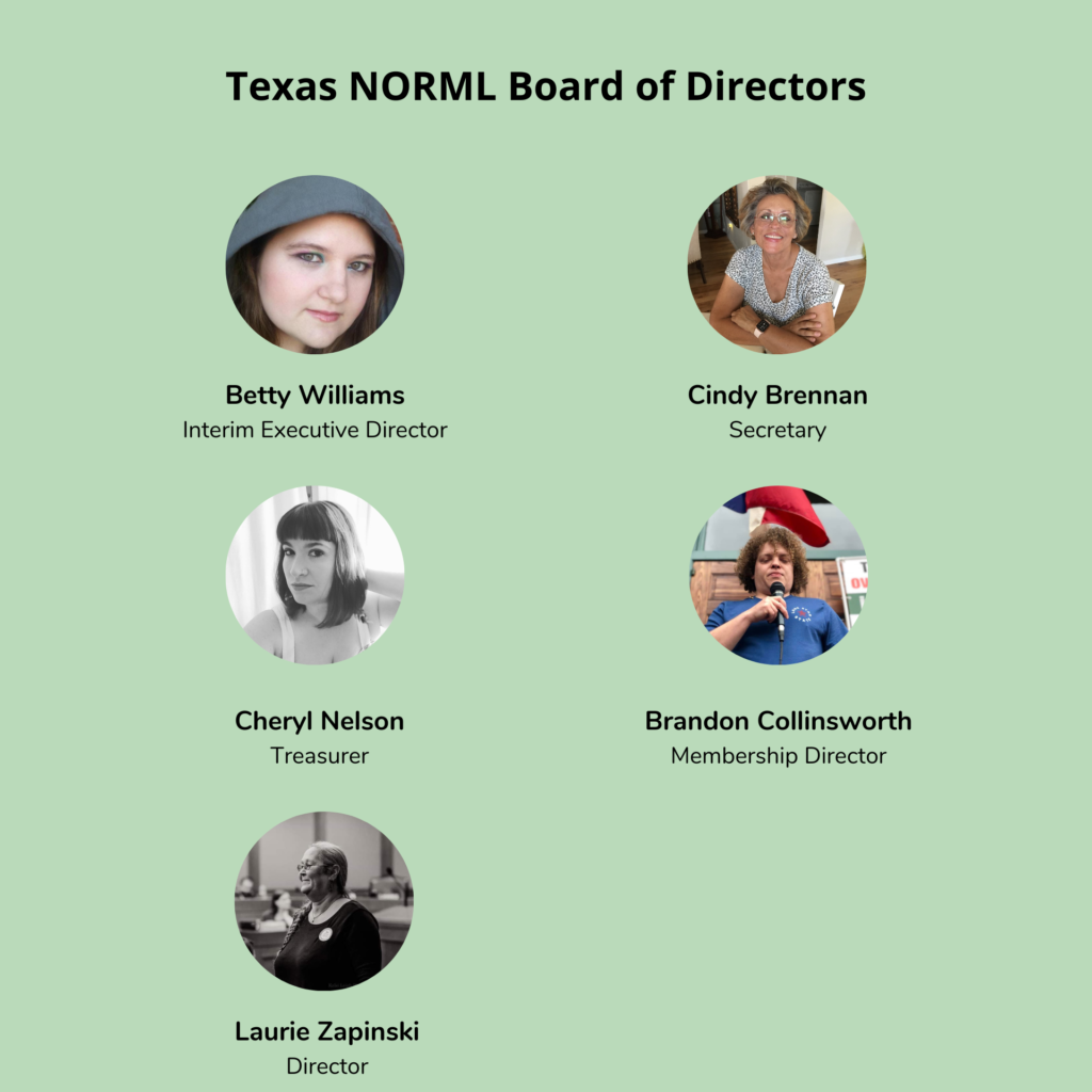 Texas NORML Board of Directors

Betty Williams - Interim Executive Director

Cindy Brennan - Secretary

Cheryl Nelson - Treasurer

Brandon Collinsworth - Membership Director

Laurie Zapinski - Director